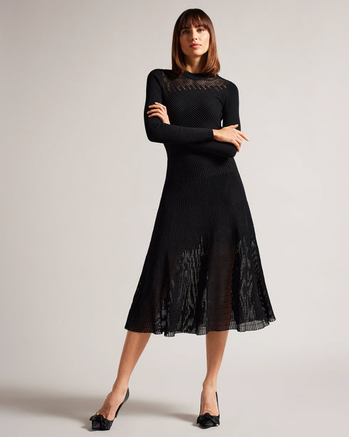 LATINIA-Dresses-This fluted knit dress is a fashion must-have. LATINIA's flattering silhouette, sleek fit and ribbed texture will look amazing with a pair of heels for a night out or worn with chunky boots for a laid back look. It features long sleeves, a crew neckline, a handy zip fastening and slim fit bodice. Midi dress Fluted skirt Ribbed texture Long sleeved Crew neck Zip fastening Slim fit bodice Julia is 5'10" / 1.78m and wears Black in a Ted size 1- Ted Baker Romania
